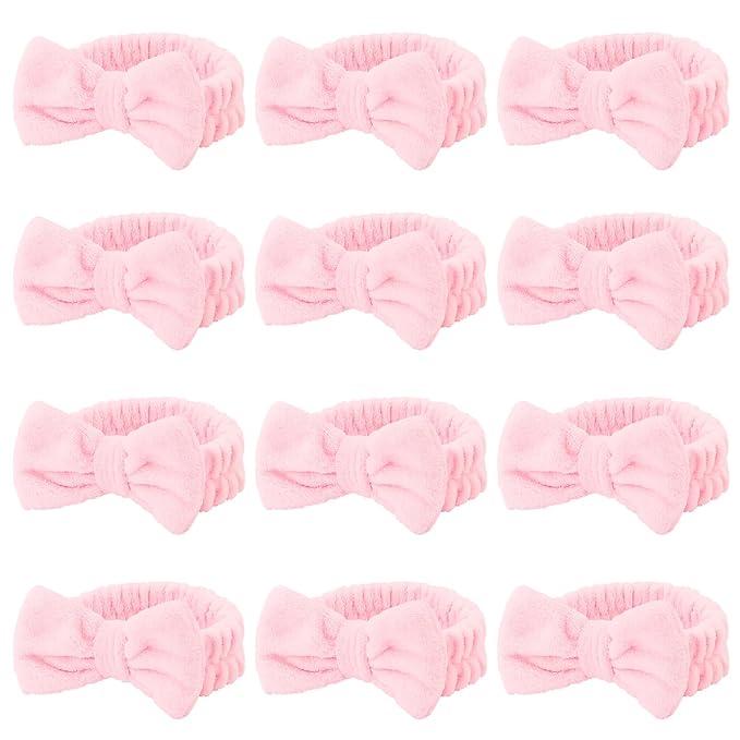 Casoty 12 Pcs Pink Spa Headband, Makeup Headband for Women, Soft Coral Fleece Skincare Headbands for Makeup, Bow Hair Band for Face Washing Shower Skin Care Yoga