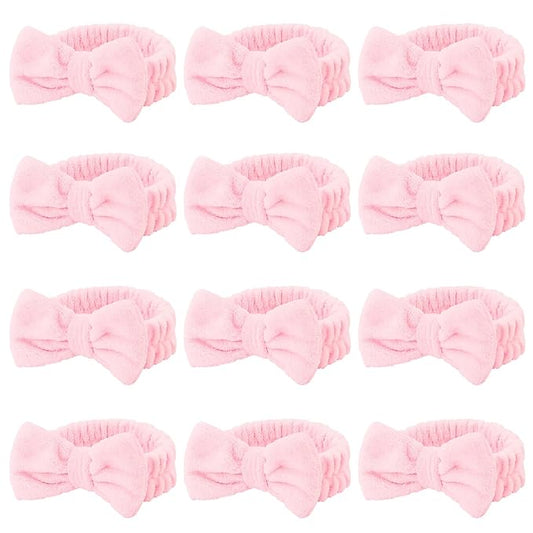Casoty 12 Pcs Pink Spa Headband, Makeup Headband for Women, Soft Coral Fleece Skincare Headbands for Makeup, Bow Hair Band for Face Washing Shower Skin Care Yoga