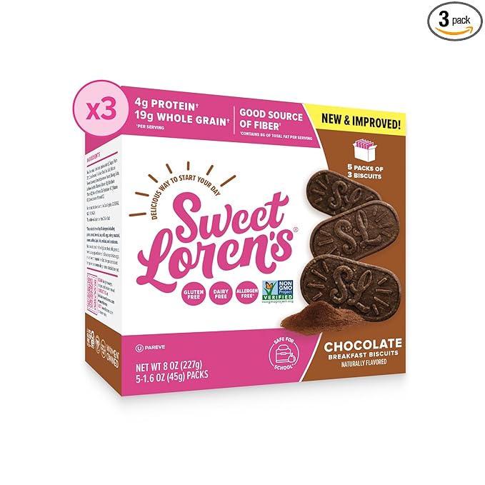 Sweet Loren's Vegan Breakfast Biscuits | Chocolate | 4g Protein, 19g Whole Grains | Plant Based, Gluten Free, Dairy Free, Nut Free Snacks | 3 Pack (15 Total Biscuits, 1.6 ounce each)