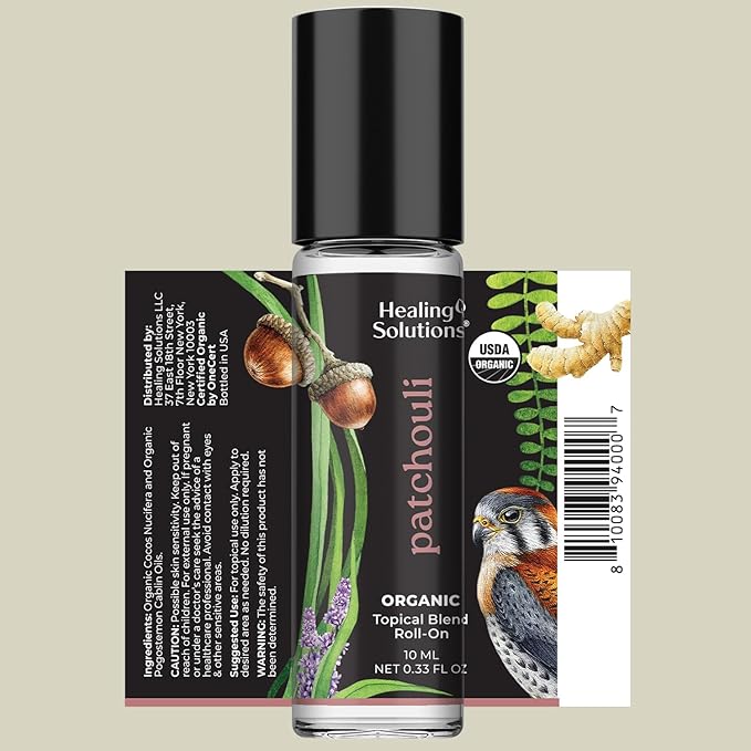 Healing Solutions - Organic Patchouli Essential Oil Roll On USDA Certified, Calm Meditation, Skin, Body Oil, Gifts for Women, Perfume - 10ml