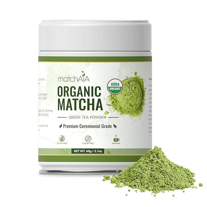 MatchAiA Organic Ceremonial Matcha Green Tea Powder - Premium Ceremonial Grade, First Spring Harvest, USDA Certified, 100% Pure - Sugar Free, Gluten Free (60g / 2.1oz Tin)