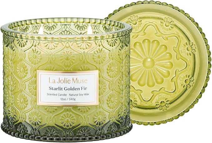 LA JOLIE MUSE Starlit Golden Fir Candle - Cedarwood, Patchouli, Fir Balsam | 12 oz Large 2-Wick Soy Wax Candle | 60 Hours Clean Burn | Balsam and Fir Candle | Gift-Ready for Hosts & Gatherings