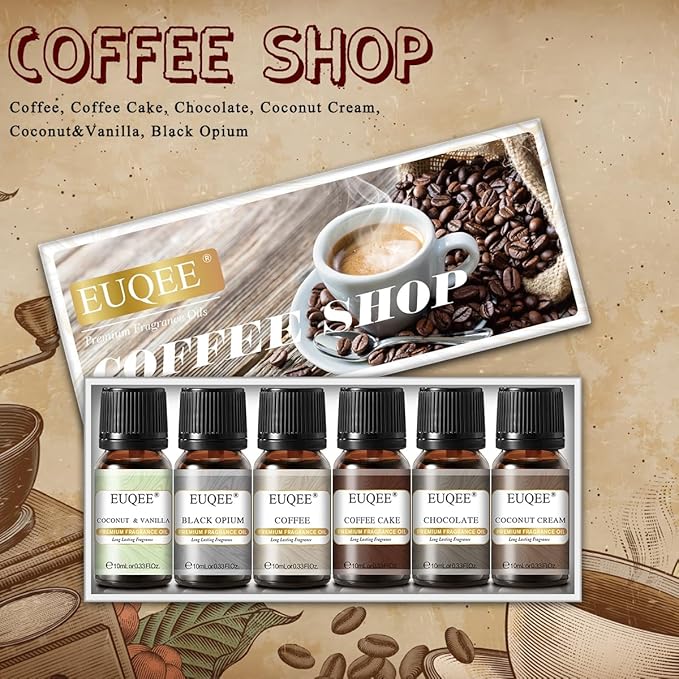 EUQEE 6PCS Coffee Fragrance Oil Set(10ml), Premium Fragrance Essential Oils Set for Candle Making, Diffuser-Coffee, Chocolate, Cake, Coconut Cream, Coconut & Vanilla