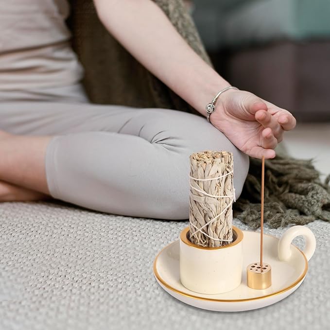 Sage Holder, Ceramic Palo Santo Sticks Holder, Sage Burner Holder with Handle, 4.72" Sage Incense Holder for Meditation, Yoga and Relaxation
