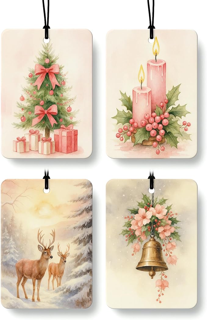 Pink Christmas Berry Car Air Freshener 4 Pcs, Coquette Pink Bow Xmas Tree Candle Reindeer Bell Hanging Air Freshener for Cars Closet Drawer Books, Girly Car Accessories Mirror Decor for Women