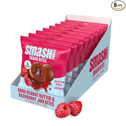 Smash Foods Raspberry Energy Bites | 5 Gluten-Free Vegan Snack Balls with No Sugar Added | 8g Protein, Superfood Jam, Chia Seeds | On-the-Go Convenience | Chocolate Peanut Butter & Raspberry | 8 Packs
