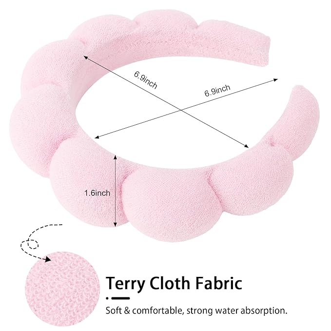 WHAVEL 3 Pack Spa Headband Skincare Headbands, Makeup Headband Sponge Terry Cloth Headbands Face Wash Headband Puffy Hair Band for Washing Face Women Girls (Pink, Hot pink, Black)