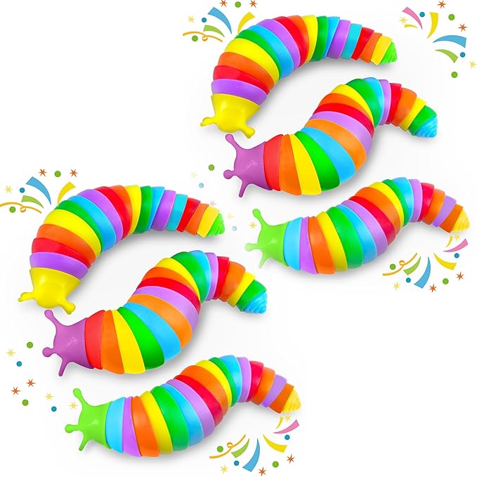 6PCS Baby Sensory Fidget Slug Toys Pack, ASMR Travel Airplane Activities Road Trip Car Toy for Toddler Kids Figette Worm for Adults Stress Relief Gift for Autism ADHD Autistic Caterpillar Stim Toys