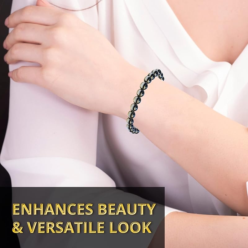 Hematite Crystal Bracelet – Healing Crystal Bracelet for Women and Men – 8mm Round Beaded Bracelet for Anxiety Relief – Elastic Adjustable Size Bead Calming Bracelet