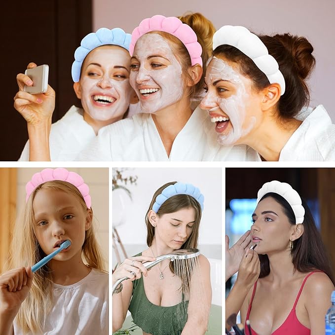 3 Pack Spa Headbands - Terry Cloth Puffy Hair Bands for Skincare, Makeup Removal, and Face Washing