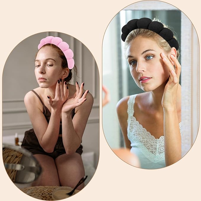 AMCAMI 2 PCS Puffy Spa Headband for Women Sponge Headbands for Girls Terry Towel Cloth Fabric Head Band for Skincare,Makeup Removal,Face Washing,Facial Mask,Shower,Hair Accessories(Black&Light Pink)