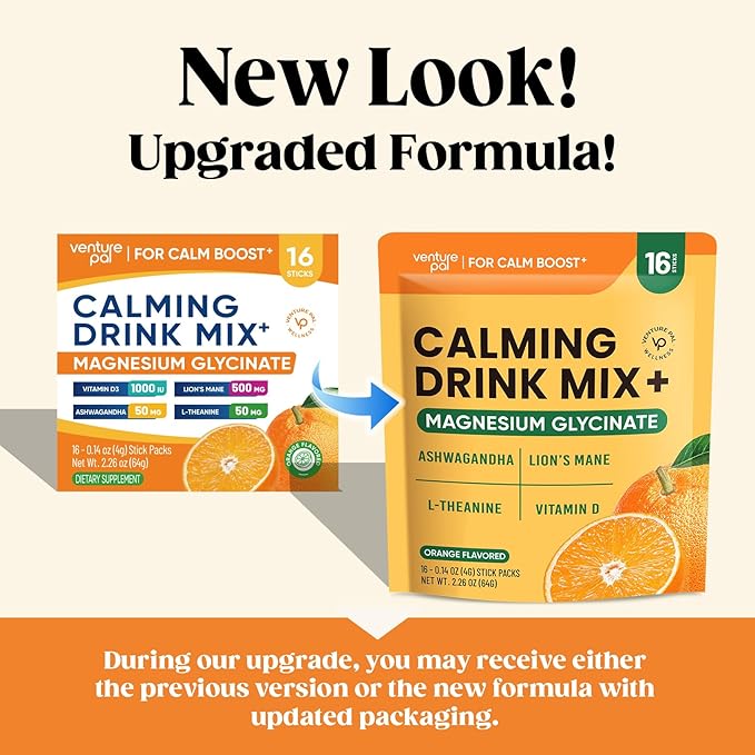 Venture Pal Calming Powdered Drink Mix, Magnesium Glycinate, Ashwagandha, L-Theanine,Vitamin D, Lions Mane, Sugar Free Magnesium Supplement Blend for Relax & Focus, Non GMO, Vegan, On The Go