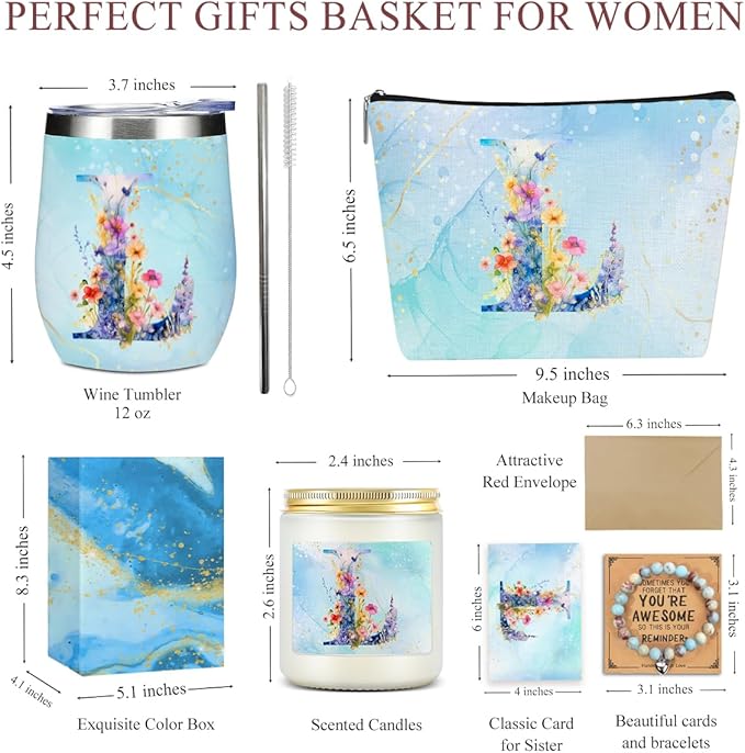 Personalized Gifts Monogrammed Birthday Gifts for Women, Mama New Mom Thanksgiving Wedding Christmas Initial Wine Tumbler Makeup Bag Scented Candle Bracelet Set, (Aesthetic Blue Flower L)