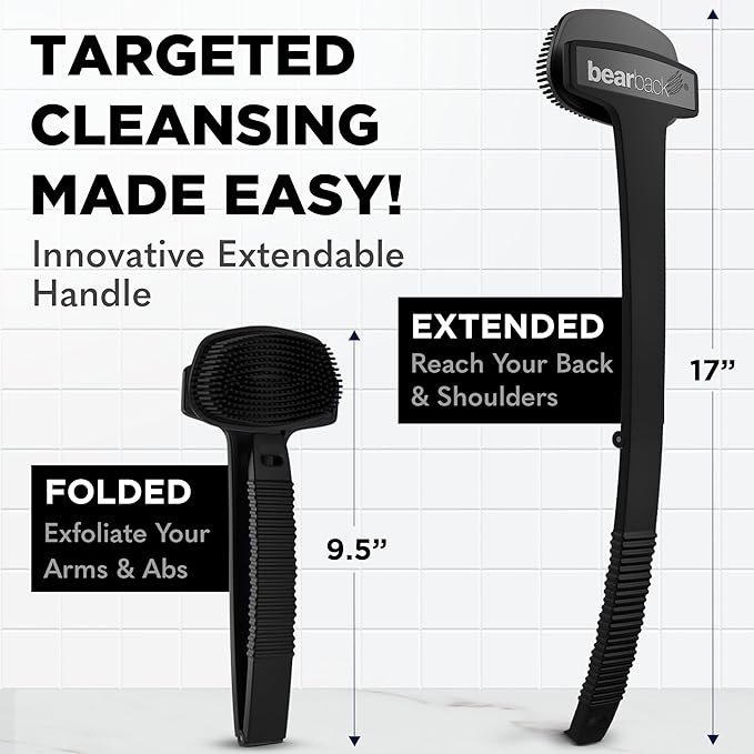 Bearback Silicone Body Scrubber with Extendable Handle – Back Scrubber for Shower, Men & Women – Removable Soft Brush, Gentle, Hygienic & Easy to Use