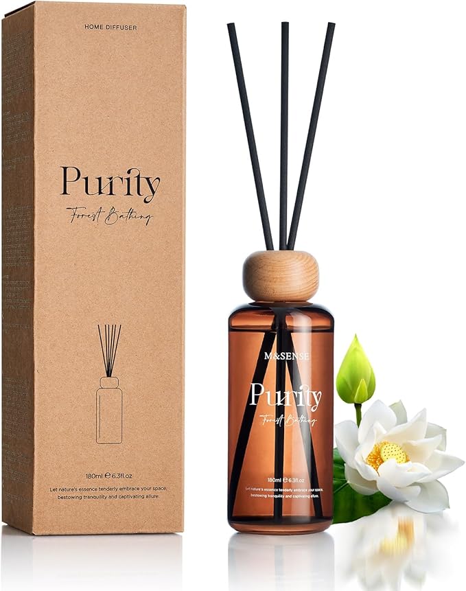 M&SENSE Summer Bathing Reed Diffuser: 6.3 fl oz Fig & Lotus Scented Aroma Set with Light & Subtle Fragrance, Long-Lasting Non-Toxic Natural Essential Oil Diffuser for Office Shelf Decor Small Spaces