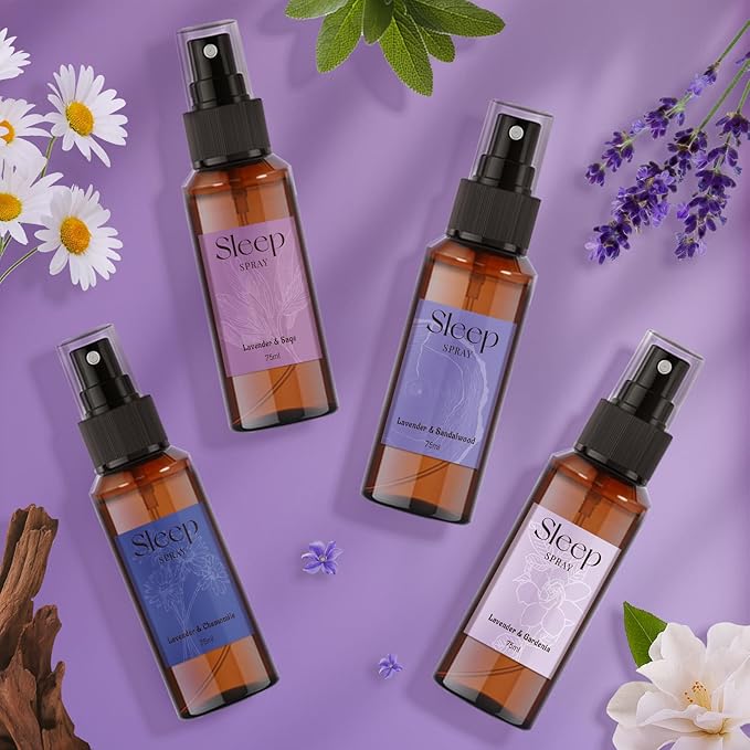 STRN Sleep Spray, Relaxing Lavender Essential Oil Mist, Pillow Spray for Deep Sleep, 4 Lavender Scented - Gardenia, Sage, Chamomile, Sandalwood, Sweet Dream & Floral Aroma, 75 ML x 4
