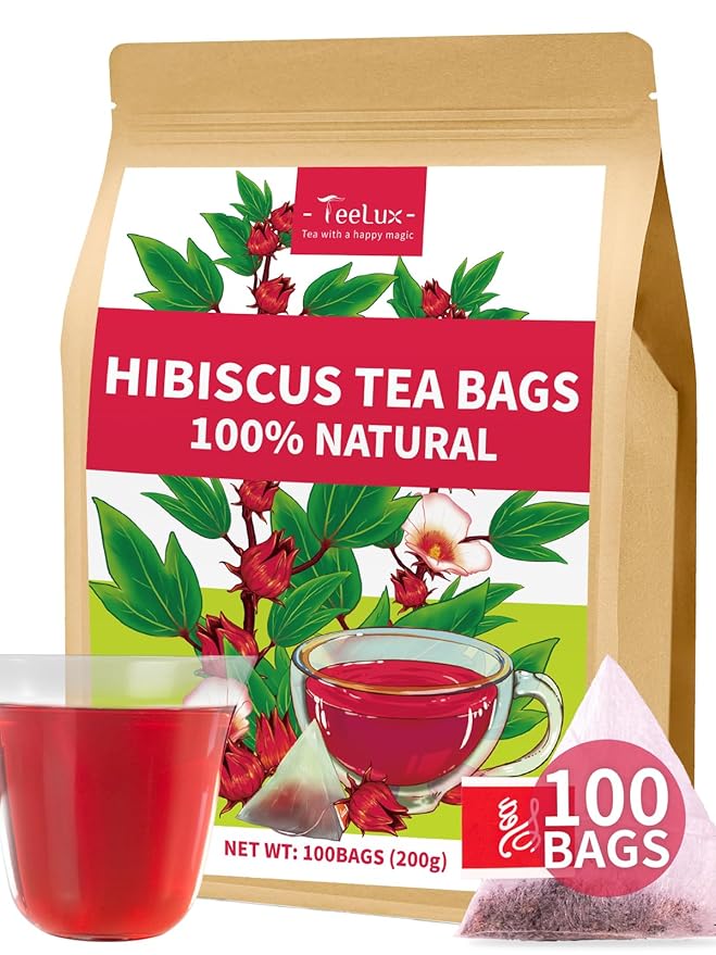 TeeLux Hibiscus Tea Bags, Natural Hibiscus Flowers Herbal Tea, Caffeine Free, Refreshing Tart Flavor, Hot & Iced Tea, 100 Count