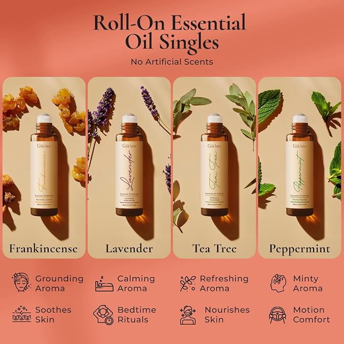 Gya Labs Classic Roll on Essential Oils Set - 100% Pure Natural Frankincense, Peppermint, Lavender, Tea Tree Oil Rollers for Skin & Body Comfort, Relaxing Gift for Women (0.34 Fl Oz Each)