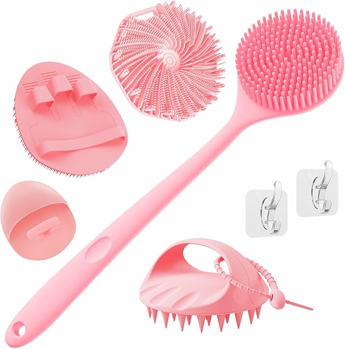 Manmihealth Silicone Back Scrubber & Soft Bath Glove, Silicone Scalp Massager Set 5 PCS, Super-Exfoliating Body Scrubber Shower Brush & Shampoo Brush Combination, with 2 Free Hooks (Style 2 Pink)