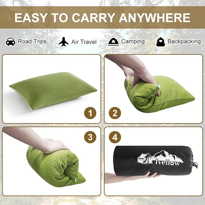 Ivellow Memory Foam Travel Pillow Compressible Camping Pillow for Sleeping Shredded Memory Foam Pillow Compact Firm Supportive Small Pillow for Adults Kids Outdoor Backpacking Hiking Essential Gear-M