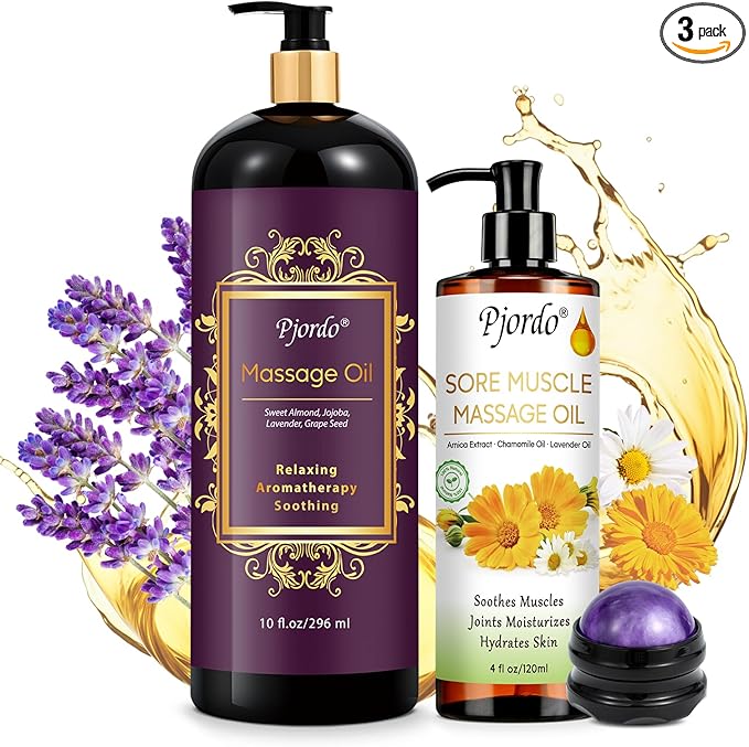 Massage Oil for Massage Therapy, Lavender Massage Oils for Relaxation, Sore Muscle Arnica Oil with Massage Roller Ball, Calming, Moisturizing, Soothes Muscles, Spa Gift Set for Him Her