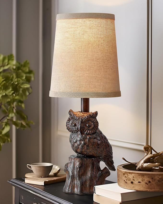 14.25" Small Table Lamp for Living Room Farmhouse Bedside Resin Single Lamp with Brown Owl Lamp Shape for Bedroom Retro Rustic Nightstand Lamp