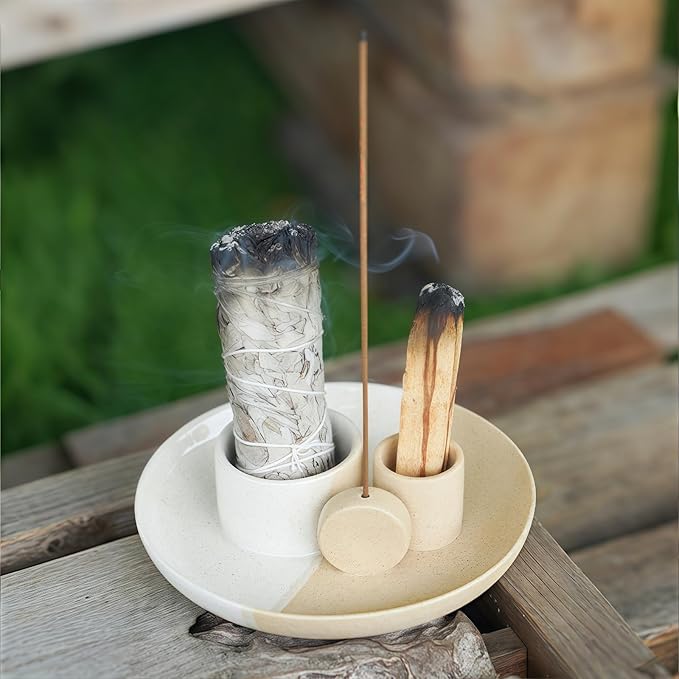 4 in 1 Incense Holder, Ceramic Incense Stick and Palo Santo Holder,Sage Holder for Burning- 5.5" Ceramic Ash Catcher Tray for Meditation and Yoga Room (White Sand)