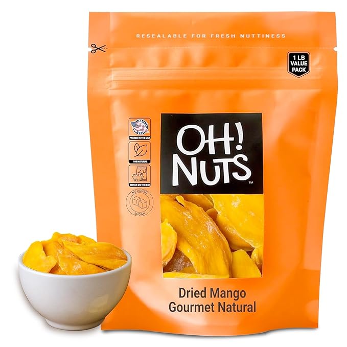 Oh! Nuts Dried Mango Gourmet Natural - 1 lb - Dried Fruit Slices - No Sugar Added - Dehydrated Fruit Bites - Packed in New York Zip-Seal Bag for Exceptional Freshness