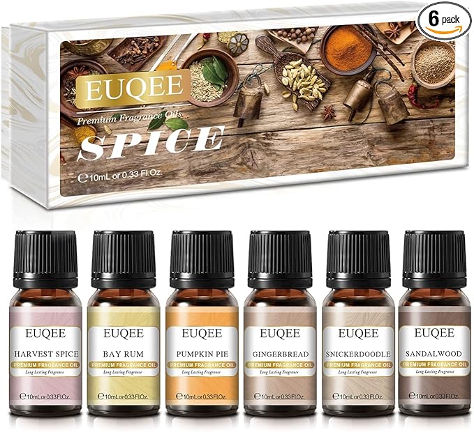 EUQEE 6PCS Spice Autumn Fragrance Oil Set, Scented Oils for Candle Making, Diffusers Aromatherapy Halloween Fragrance Oils for Diffuser & DIY Candles-Sandalwood, Harvest Spice, Bay Rum, Snickerdoodle