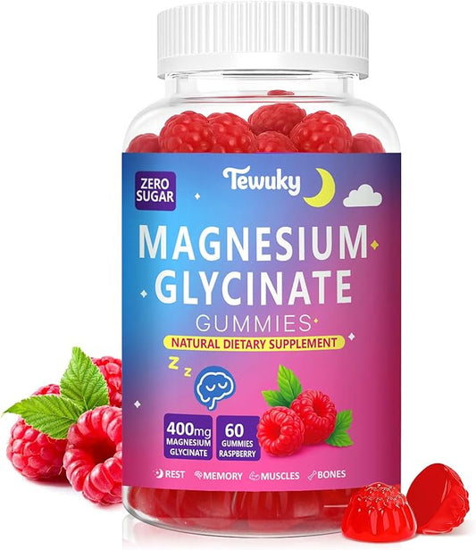 Magnesium Glycinate Gummies 400mg - Sugar Free Vegan Gummies for Adults & Kids with Vitamin D3, B6, C, CoQ10, Collagen, Zinc - Sleep, Muscle, Bone & Memory Support - 60 Raspberry Chewables
