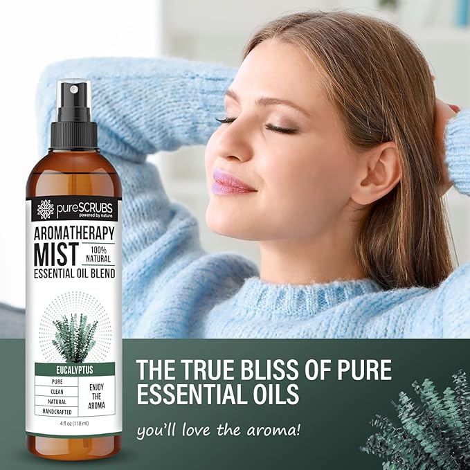 SHAKE, MIST & ENJOY - pureSCRUBS Premium Eucalyptus Aromatherapy Spray Mist for Room, Body, Linens, 100% Natural Essential Oils Plant Based Formula - One 4oz Bottle