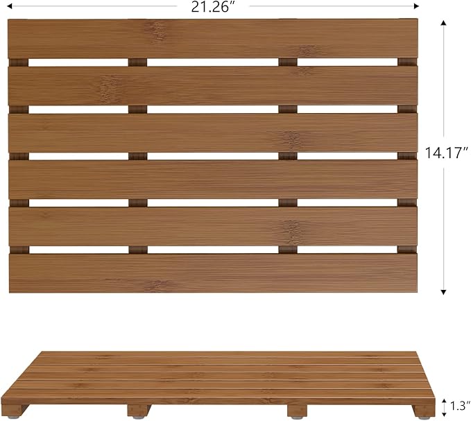 Domax Wooden Bamboo Bath Shower Mat- Non-Slip Waterproof Large Bathroom Floor Mat for Indoor Outdoor (Walnut, 21.26 x 14.17 x 1.3 Inches)
