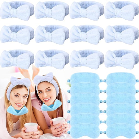 Jexine 24 Pcs Spa Headband Plush Sleep Eye Mask Bulk Bow Hair Band Makeup Headband for Washing Face Sleepover Party Supplies Sleeping Stuff Accessories for Single Party (Blue)