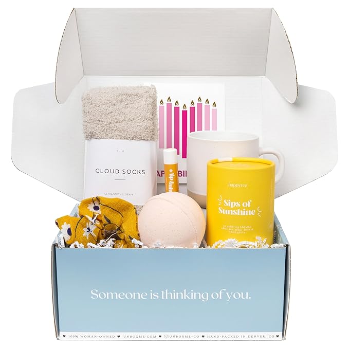 Unboxme Sunshine Gift For Women | Self Care Package with Herbal Tea, Mug, Bath Bomb, Candle, Fluffy Socks, Lip Balm, Sheet Mask, Scrunchie & Happy Birthday Card