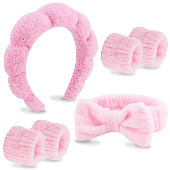 VELSCRUN 6 Pack Spa Headband, Makeup Headband, Face Wash Headbands, Skincare Headbands, Pink Sponge Hair Band Bow Tie Spa Head Band for Washing Face Wristband Set Hair Accessories for Women Girls