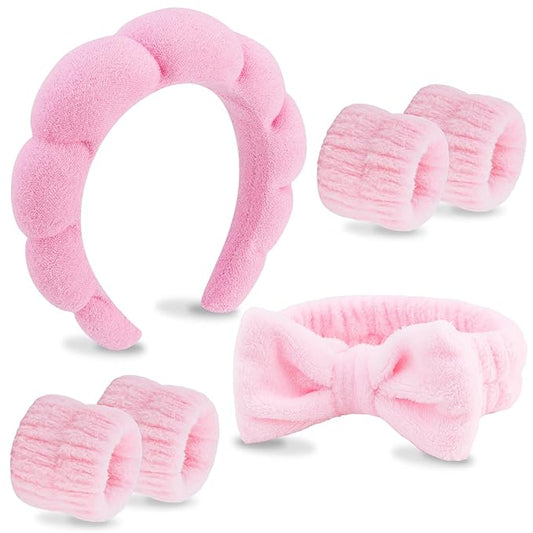 VELSCRUN 6 Pack Spa Headband, Makeup Headband, Face Wash Headbands, Skincare Headbands, Pink Sponge Hair Band Bow Tie Spa Head Band for Washing Face Wristband Set Hair Accessories for Women Girls