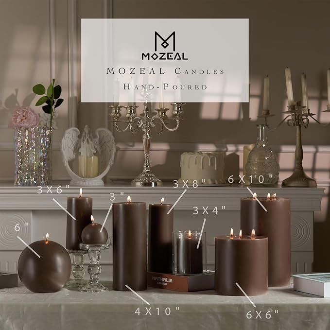 MOZEAL 3" x 6" Hand-Poured Unscented Candle, Dripless Pillar Candle Set of 3, Long Lasting Burning,Approx 120 Hours Burn Time, Rustic Country Style, for Winter Solstice, Sophisticated Charm,Taupe Gray
