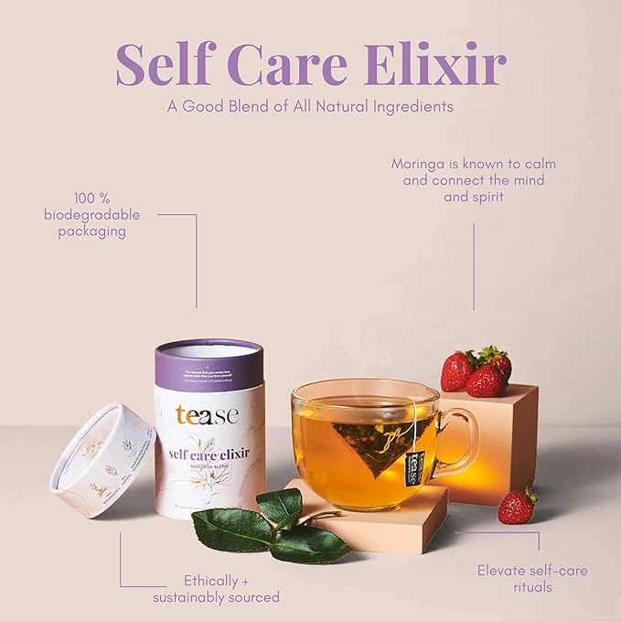 Tease Tea Moringa Wellness Tea - Self Care Elixir Herbal Tea, Digestive Health and Wellness Decaffeinated Tea Made with Moringa, Strawberry, Oranges, and Cinnamon for a Calm and Better Mind and Spirit