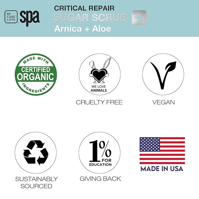 BCL Spa Critical Repair organic sugar scrub with Arnica and Aloe Vera, Hydrating & Exfoliating Body Scrub, Soothing & Nourishing organic botanical extracts & oils for hands, body, and foot spa, 16 oz