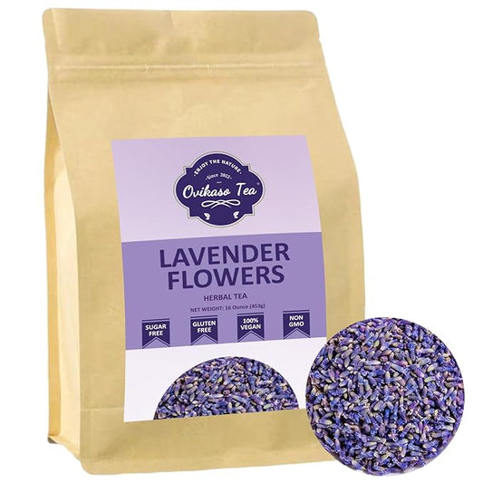 Ovikaso Tea, Lavender Tea, 16 Ounce (1 Lb), 100% Natural Food Grade, For Tea, Baking, Crafts, DIY Beauty, Sachets & Fresh Fragrance, No Sugar, No Caffeine, Loose Leaf, Resealable Kraft Bag