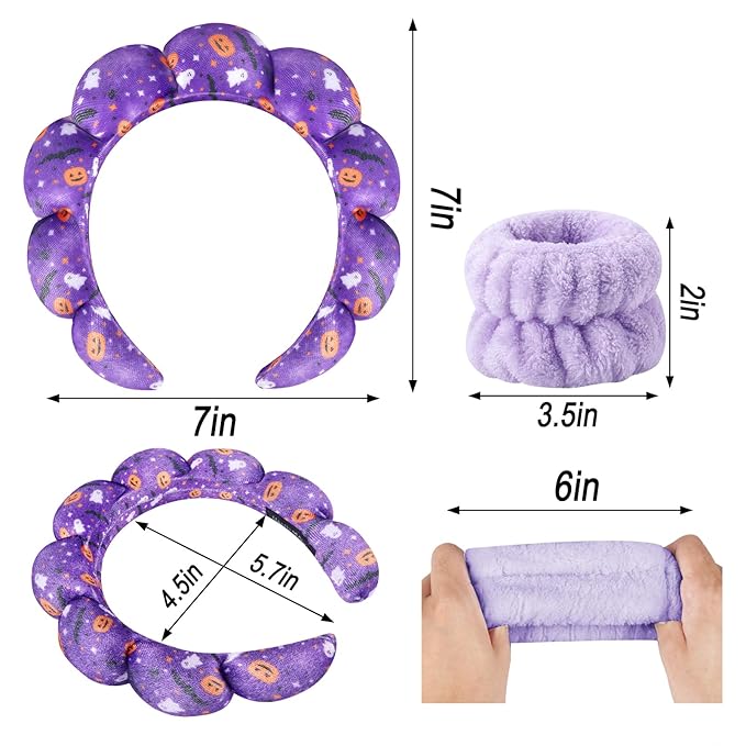 Zkptops Spa Headband for Washing Face Wristband Set Sponge Makeup Skincare Velvet Fabric Bubble Get Ready Hairband Puffy Headwear Non Slip Thick Thin Hair Accessory Gift for Women Girls(Halloween)