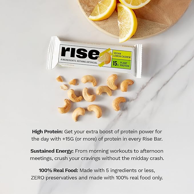 Rise Pea Protein Bar - Vegan Lemon Cashew | Breakfast Bar & Protein Snack 15g Protein Just 3 Whole Food Ingredients Non-GMO Gluten-Free Soy Free