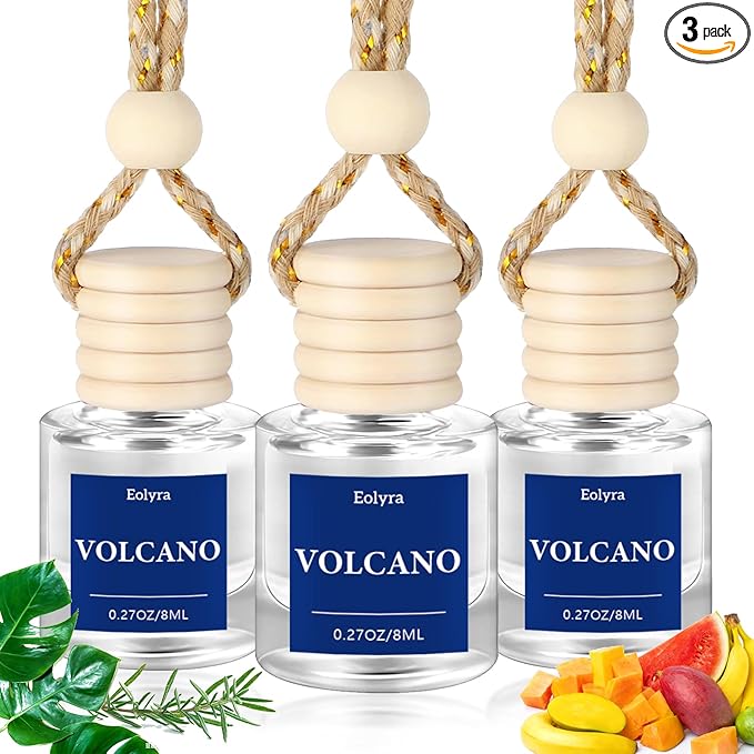 Hanging Car Air Freshener (Pack of 3) : Luxury Car Perfume for Women Men | Cute & Reusable Bottle with 45+ Days Long-Lasting Fragrance Oil Diffuser, Volcano