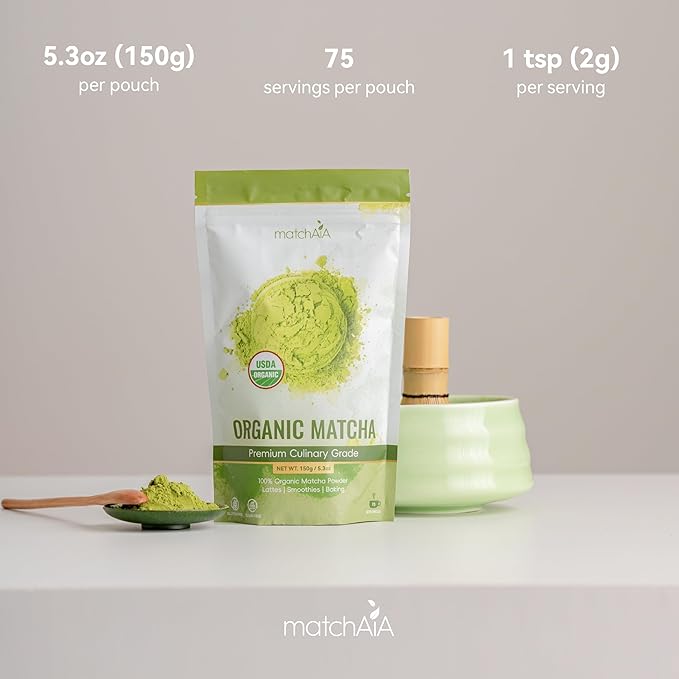 MatchAiA Organic Matcha Green Tea Powder - Premium Culinary Grade, USDA Certified, 100% Pure - Perfect for Lattes, Smoothies, Desserts and Baking - Sugar Free, Gluten Free (150g / 5.3oz Pouch)