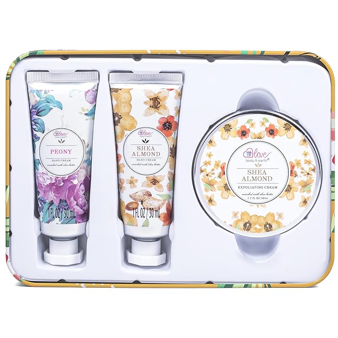 BODY & EARTH # LOVE Hand Cream Gift Set, Hand Lotion Sets for Mothers Day Gifts, Hand Care Set with Shea Butter, Travel Size Lotion Set for Women, 2 Hand Cream & Exfoliating Cream, Birthday Gifts Box