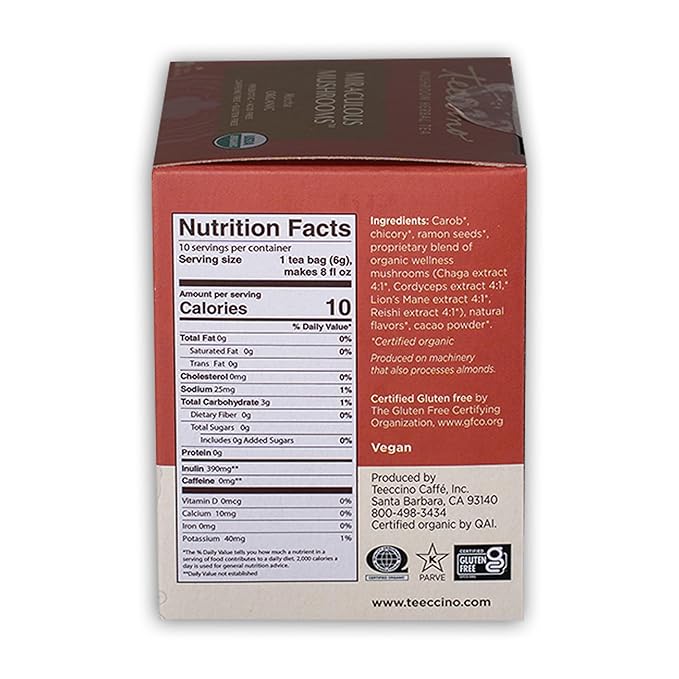 Teeccino Miraculous Mushrooms Adapt & Protect Herbal Tea By Teeccino, 10 Tea Bags - Five Organic Adaptogenic Mushrooms with Chicory & Cacao, 3x More Herbs than Regular Tea Bags, Caffeine Free, Prebiotic