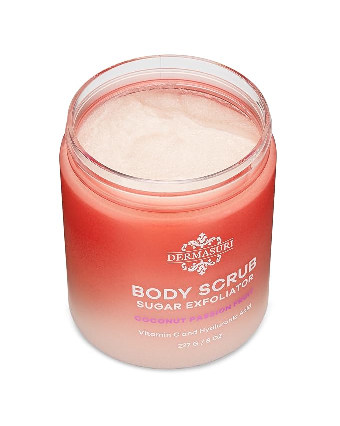 Dermasuri - Exfoliating Sugar Scrub - Body Scrubber for Men & Women - Exfoliates & Removes Dead, Dry Skin for a Soft & Radiant Glow - Deep Hydration - Stocking Gifts for Women - Coconut Passion Fruit
