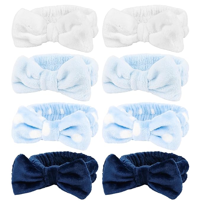 8 Pack Spa Headband for Washing Face Stocking Stuffers Skincare Headbands Bulk for Women Girls Soft Coral Fleece Hairband Cute Bow Headbands for Washing Face Makeup