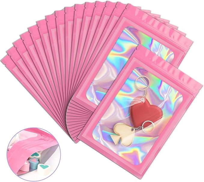 100 Pieces Smell Proof Mylar Resealable Bags, Holographic Packaging Bags, Resealable Odor Foil Pouch Zip Bags with Clear Window for Food Storage and Lipgloss, Jewelry Lash (Pink, 5.1 x 8.3 Inch)