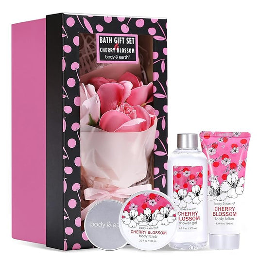Bath and Body Gift Set for Women - Cherry Blossom Scent with Double-Layer Spa Gift Box, 5 Piece Home Spa Set Includes Shower Gel, Body Scrub, Body Lotion, Hand Soap, Rose Flower, Bath Set Gift for Her